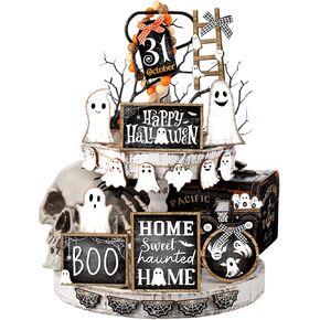21 Pcs Halloween Tiered Tray Decor Set Happy Halloween Wooden Signs Rustic Table Centerpieces Signs Farmhouse Tiered Tray Decoration Items for Halloween Home Table Kitchen Party (Ghost)