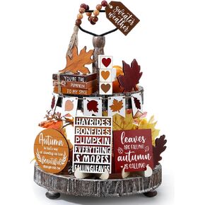 19 PCS Retro Fall Tiered Tray Decor Fall Farmhouse Home Decor Set Fall Wood Tray Decor Autumn Pumpkin Tiered Tray Decorative Fall Tray Sign for Tabletop Kitchen Office Decorations