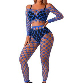 Kaei&Shi Sexy Fishnet Bodysuit Stockings,Hollow Out Rave Outfits,2 Piece Mesh Top Set,Club Outfit Exotic Dancewear