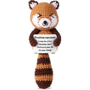 Positive Raccoon, 5.9 Inch Crochet Raccoon Emotional Support Cute Positive Doll Knitted Toy Doll Cheering Gift for Family Friends Encouragement Party Decoration