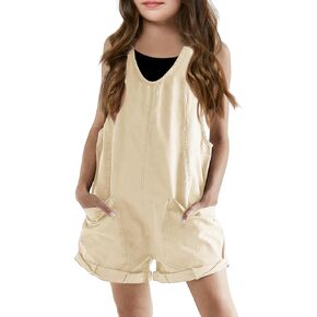 Haloumoning Girls Overall Shorts Kids Summer Fashion Sleeveless Low Back Rompers with Big Pockets