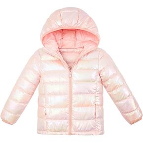 Enlifety Girls Hooded Puffer Jackets Size 6 7 Metallic Pink Winter Coats Packable Long Sleeve Holographic Shiny Outerwear with Pockets