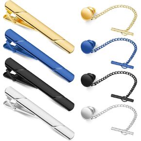 8 Pcs Tie Pins and Clips for Men Includes 4 Tie Clips for Men 4 Tie Tacks Clutch with Chain for Wedding Business Valentine's Day