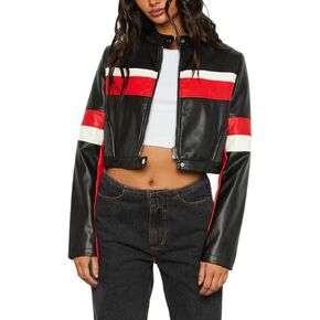 VOIKERDR Cropped Jacket for Women Patchwork PU Leather Zip Up Coat Trendy Motorcycle Jackets Streetwear Y2K