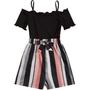 Milumia Girl Cute Cold Shoulder Short Sleeve Romper Lettuce Trim Belted Jumpsuit