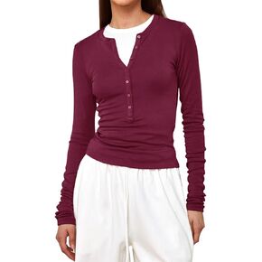 Womens Long Sleeve Henley Shirts Slim Fitted Basic Business Casual Button Down Trendy Tops 2024 Fall Knit T-Shirts