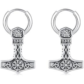 Thor Hammer Hoop Hugg Earrings 925 Sterling Silver Mjolnir Dangle Drop Earrings Norse Mythology Viking Jewelry Gifts for Women Men Friends