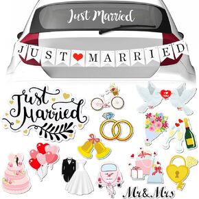 16 Pcs Just Married Car Decorations Include 14 Assorted Ornate Car Magnets Just Married Car Window Decal and Cardstock Sign Banner Wedding Decorations for Car Bridal Shower Honeymoon Photo Props