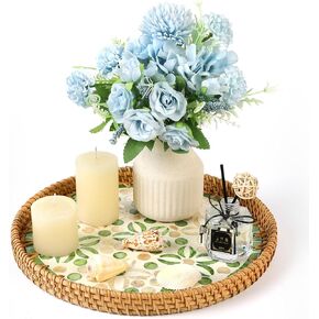 Decorative Trays,Round Rattan Serving Tray with Mother of Pearl Inlay Decor for Coffee Table, Kitchen, Living Room