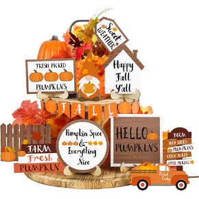 20 Pcs Fall Tiered Tray Decor Thanksgiving Pumpkin Gnome Truck Wooden Sign Rustic Farmhouse Decorative Tray Signs Tabletop Decor for Fall Thanksgiving Harvest Home Shelf Table Decor
