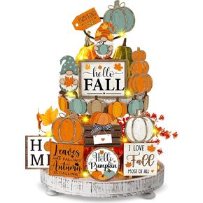 21 Pcs Fall Tiered Tray Decors Set Autumn Pumpkins Farmhouse Decor Gnome Maple Leaves Table Centerpieces Harvest Wood Blocks Signs Fall Block Tabletop for Thanksgiving Autumn(Gnome)