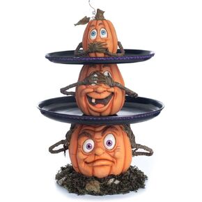 Katherine's Collection 2023 21.5 Inch Three Wise Pumpkins Tiered Tray, Orange/Black Resin