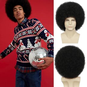 Mens Afro Wig for 70s Disco Rocker Party Black Afro Wig for Men and Women Unisex Adult Afro Wigs for Daily and Party Use (Black)