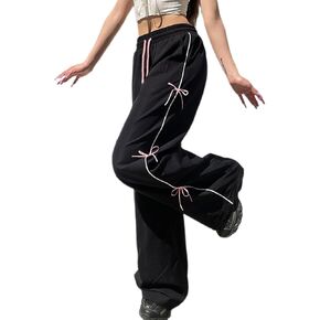Palazzo Wide Leg Pants for Women Drawstring Waist Black Cargo Pants Y2K Baggy Sweatpants with Side Bow Decoration