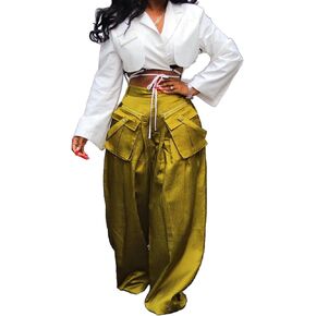 Vaceky Women's Baggy Cargo Pant Wide Leg Satin Flowy Dressy Palazzo Trouser