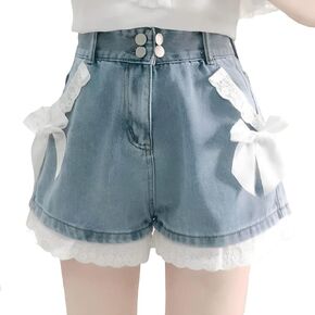 Harajuku Y2K Style Pastel Kawaii Gothic High Waisted Straight Wide Leg Vintage Lace Knot-Bow Trim Denim Shorts