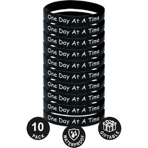 10 Pack One Day at a Time Black Silicone Motivational Wristbands, Slip-On Rubber Bracelets for Addiction Recovery, Sober Anniversary, Alcoholics Anonymous, NA, Sobriety Gifts for Men and Women