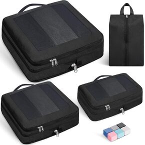 8 Set Compression Packing Cubes for Suitcases, Full Open & Visible Design, Luggage Organizer Bags Set for Carry on, Travel Essentials Travel Gifts for Women with Laundry Bag and Shoe bag Pink