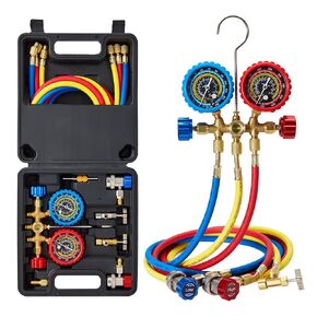 AC Gauges, HVAC Manifold Gauge Set for R134 R22 R12 R502, with Hoses Couplers Adapters Puncturing Can Tap