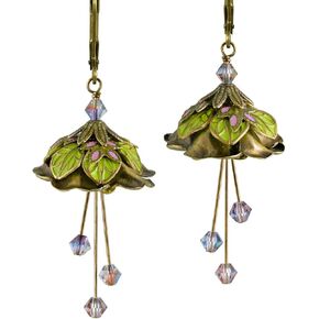 Hand Painted Flower Fairy Earrings - Water Nymph in Gold, Green and Pink