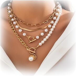 Gold Layered Necklace Multilaye Chunky Pearl Paperclip Chain NecklaceAdjustable Layering Chain Gold Plated Necklaces Set for Women