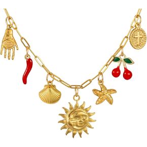 Charm Necklace for Women, 14K Gold Sun and Moon Coin Cross Cherry Charm Necklace, Dainty Summer Beach Shell Starfish Paperclip Link Chain Necklaces