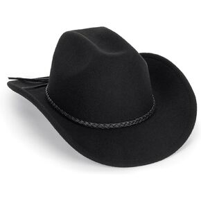 Classic-Western-Cowboy-Hat Upturn-Brim Felt-Cowgirl-Hat Rodeo-Hat with Belt for Women Men (Fit for 22.4-23.2")