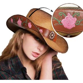 Cowboy Hats for Women, Brown Cowgirl Hats Classic Straw Western Hats for Women Music Festival Party Beach.
