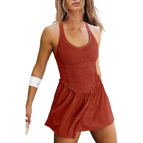 LAMISSCHE Womens Tennis Dress with Built in Shorts and Bra One Piece Workout Smocked Mini Dress A Line Yoga Golf Dress