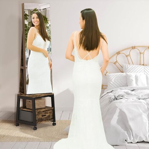 خزانة مجوهرات IDEALHOUSE دوارة 360 درجة مع أضواء LED، مرآة مكياج داخلية، مرآة كاملة الطول قابلة للدوران مع تخزين المجوهرات، منظم خزانة مجوهرات قائم قابل للقفل مع درج وعجلات (أبيض) in Kuwait