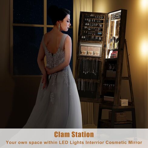 خزانة مجوهرات IDEALHOUSE دوارة 360 درجة مع أضواء LED، مرآة مكياج داخلية، مرآة كاملة الطول قابلة للدوران مع تخزين المجوهرات، منظم خزانة مجوهرات قائم قابل للقفل مع درج وعجلات (أبيض) in Kuwait