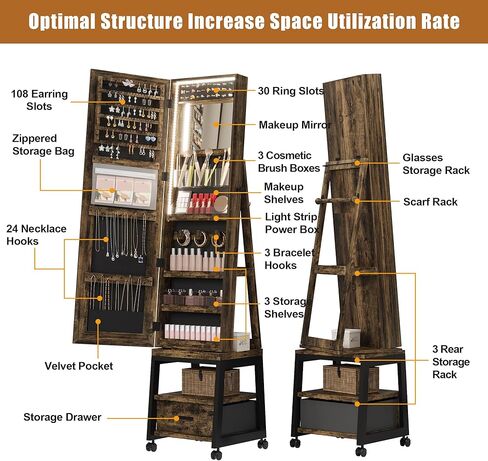 خزانة مجوهرات IDEALHOUSE دوارة 360 درجة مع أضواء LED، مرآة مكياج داخلية، مرآة كاملة الطول قابلة للدوران مع تخزين المجوهرات، منظم خزانة مجوهرات قائم قابل للقفل مع درج وعجلات (أبيض) in Kuwait