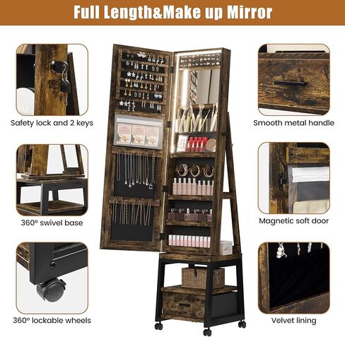 خزانة مجوهرات IDEALHOUSE دوارة 360 درجة مع أضواء LED، مرآة مكياج داخلية، مرآة كاملة الطول قابلة للدوران مع تخزين المجوهرات، منظم خزانة مجوهرات قائم قابل للقفل مع درج وعجلات (أبيض) in Kuwait