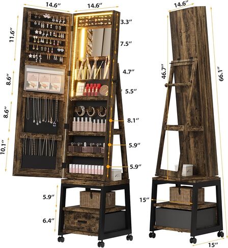 خزانة مجوهرات IDEALHOUSE دوارة 360 درجة مع أضواء LED، مرآة مكياج داخلية، مرآة كاملة الطول قابلة للدوران مع تخزين المجوهرات، منظم خزانة مجوهرات قائم قابل للقفل مع درج وعجلات (أبيض) in Kuwait