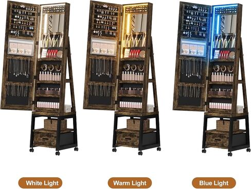 خزانة مجوهرات IDEALHOUSE دوارة 360 درجة مع أضواء LED، مرآة مكياج داخلية، مرآة كاملة الطول قابلة للدوران مع تخزين المجوهرات، منظم خزانة مجوهرات قائم قابل للقفل مع درج وعجلات (أبيض) in Kuwait