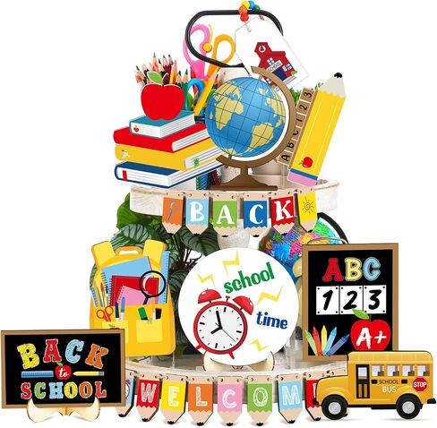 24 Pieces Back to School Theme Tiered Tray Decoration Chalkboard School Bus Wood Sign Tray Decor Pencil Alphabet Wood Tabletop Tiered Tray for Classroom Tutor Party Gift Supplies in Saudi Arabia