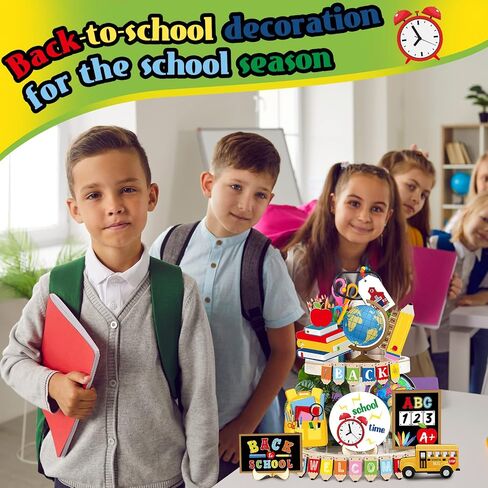 24 Pieces Back to School Theme Tiered Tray Decoration Chalkboard School Bus Wood Sign Tray Decor Pencil Alphabet Wood Tabletop Tiered Tray for Classroom Tutor Party Gift Supplies in Saudi Arabia
