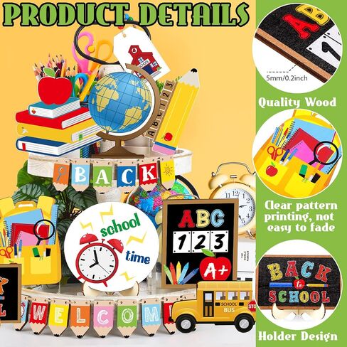 24 Pieces Back to School Theme Tiered Tray Decoration Chalkboard School Bus Wood Sign Tray Decor Pencil Alphabet Wood Tabletop Tiered Tray for Classroom Tutor Party Gift Supplies in Saudi Arabia