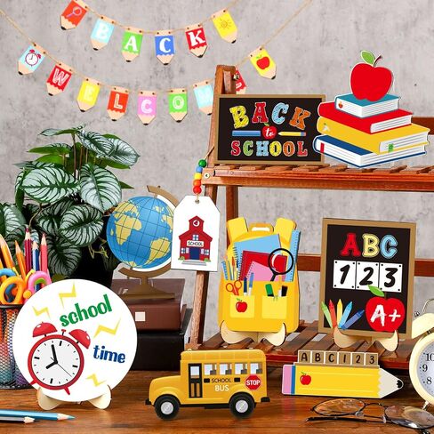 24 Pieces Back to School Theme Tiered Tray Decoration Chalkboard School Bus Wood Sign Tray Decor Pencil Alphabet Wood Tabletop Tiered Tray for Classroom Tutor Party Gift Supplies in Saudi Arabia