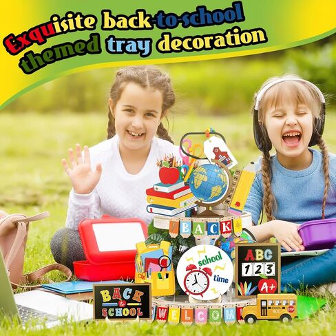 24 Pieces Back to School Theme Tiered Tray Decoration Chalkboard School Bus Wood Sign Tray Decor Pencil Alphabet Wood Tabletop Tiered Tray for Classroom Tutor Party Gift Supplies in Saudi Arabia