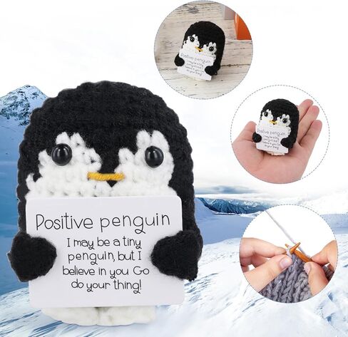 Funny Positive Penguin, 2.56in Emotional Support Penguin Toy with Positive Card Creative Cute Knitted Positive Penguin Gifts Crochet Handmade Doll for Friends Encouragement Decoration(Black) in Saudi Arabia