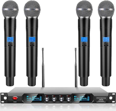 نظام ميكروفون لاسلكي من innopow ذو 4 قنوات، ميكروفون لاسلكي رباعي UHF معدني، 4 ميكروفونات محمولة، مسافة طويلة 150-200 قدم، تردد ثابت، استخدام 16 ساعة لغناء الكاريوكي، الكنيسة in Kuwait