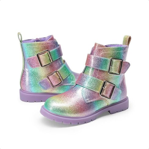 أحذية DREAM PAIRS للفتيات والأولاد اللامعة للكاحل بسحاب جانبي أحذية قتالية مع أبازيم للأطفال الصغار/الأطفال الصغار/الأطفال الكبار in Saudi Arabia