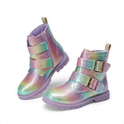 أحذية DREAM PAIRS للفتيات والأولاد اللامعة للكاحل بسحاب جانبي أحذية قتالية مع أبازيم للأطفال الصغار/الأطفال الصغار/الأطفال الكبار in Saudi Arabia