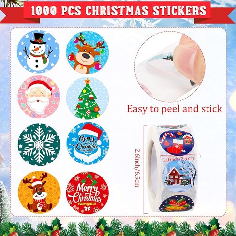 1000 Pieces Christmas Roll Stickers 1 Inch Winter Holiday Envelope Stickers Round Xmas Label Tag Seal Sticker for Christmas Party Supplies, Book, Cards, Water Bottles Decor in Saudi Arabia