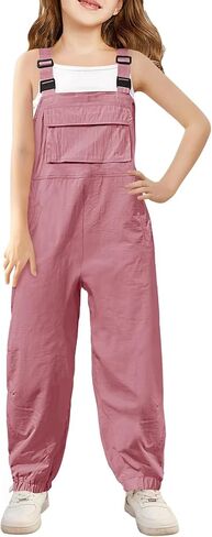 Haloumoning Girls Bib Overalls Summer Outfits Adjustable Strap Long Pants Casual Rompers Jumpsuits with Pockets 5-14 Years in Kuwait