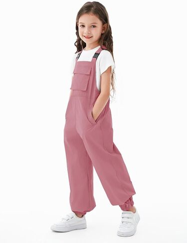 Haloumoning Girls Bib Overalls Summer Outfits Adjustable Strap Long Pants Casual Rompers Jumpsuits with Pockets 5-14 Years in Kuwait