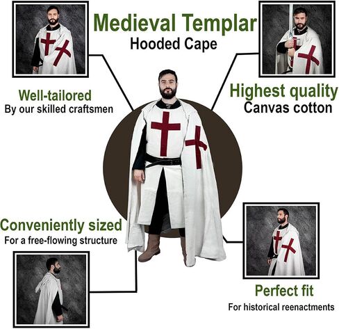 Medieval Knight Cloak & Tunic Templar Hooded Cap Crusader Cloak/Tunic Costumes Cosplay SCA (S-6XL) in Saudi Arabia