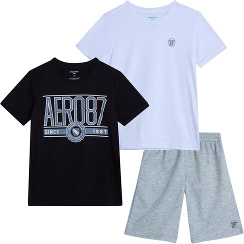 طقم شورت للأولاد من AEROPOSTALE - تي شيرت بأكمام قصيرة 3 قطع وشورت من الصوف - ملابس صيفية للأولاد (4-12) in Saudi Arabia