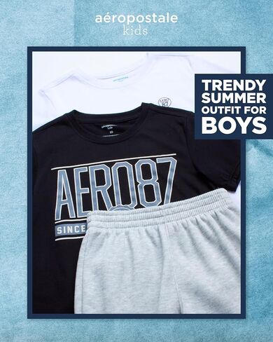طقم شورت للأولاد من AEROPOSTALE - تي شيرت بأكمام قصيرة 3 قطع وشورت من الصوف - ملابس صيفية للأولاد (4-12) in Saudi Arabia